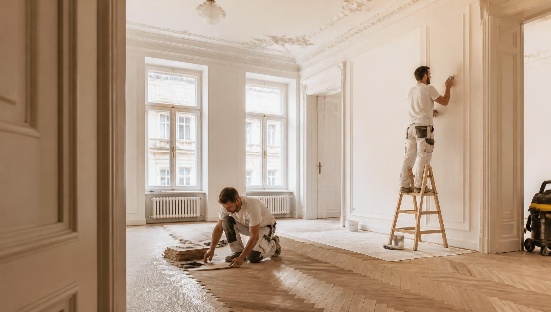 Handwerker verlegen Fischgrätparkett und verspachteln Wände bei einer Wohnungssanierung in einer Wiener Altbauwohnung